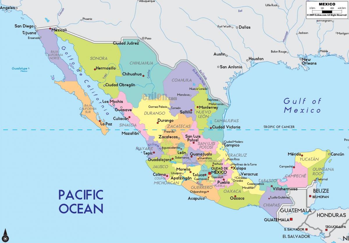 ramani ya Mexico kuonyesha miji