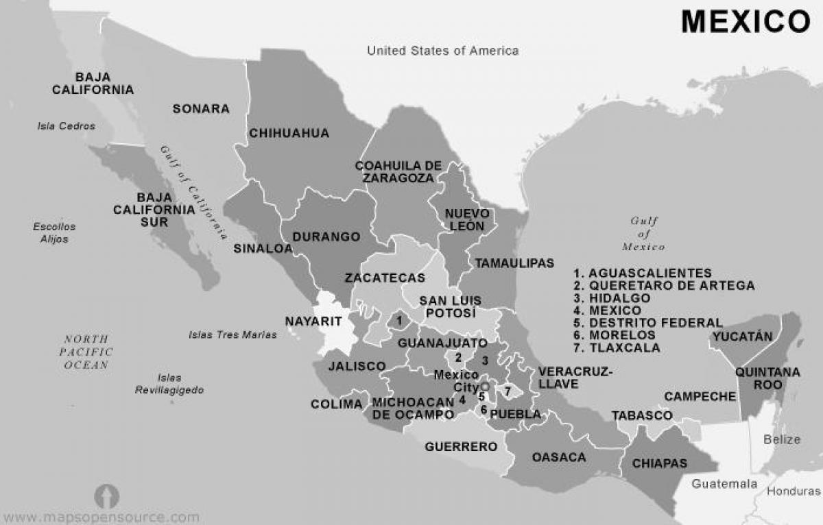 ramani ya Mexico nyeusi na nyeupe