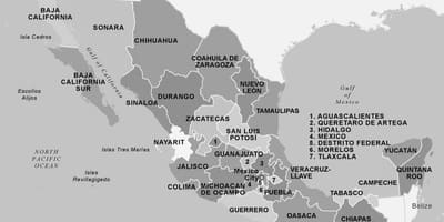 Ramani ya Mexico nyeusi na nyeupe